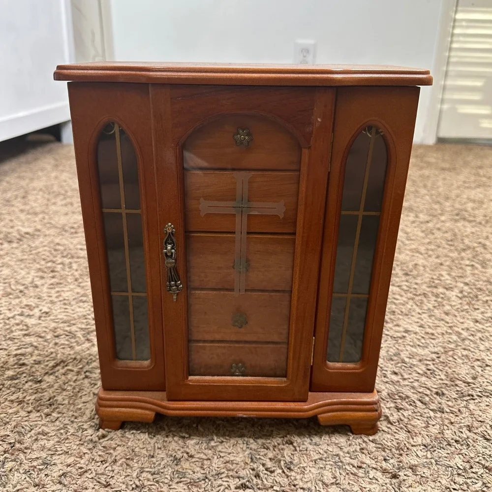 Vintage Wooden Jewelry Armoire Chest Cross Etched Glass 5 Drawers Brown READ